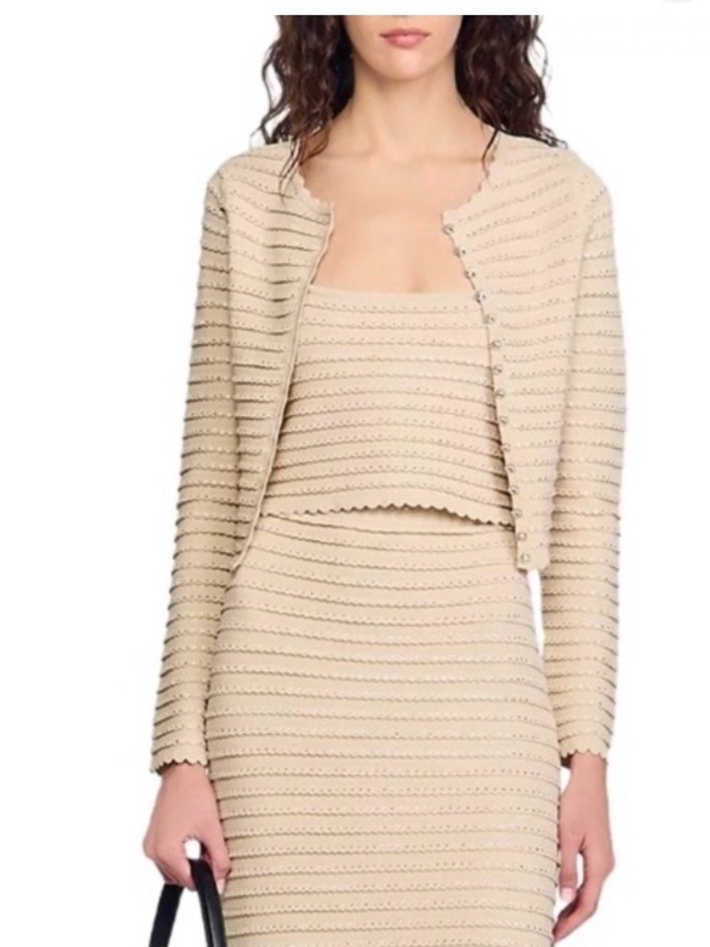 SANDRO Cream Knit Two-Piece Set - Scalloped Cardigan comes without the Tank